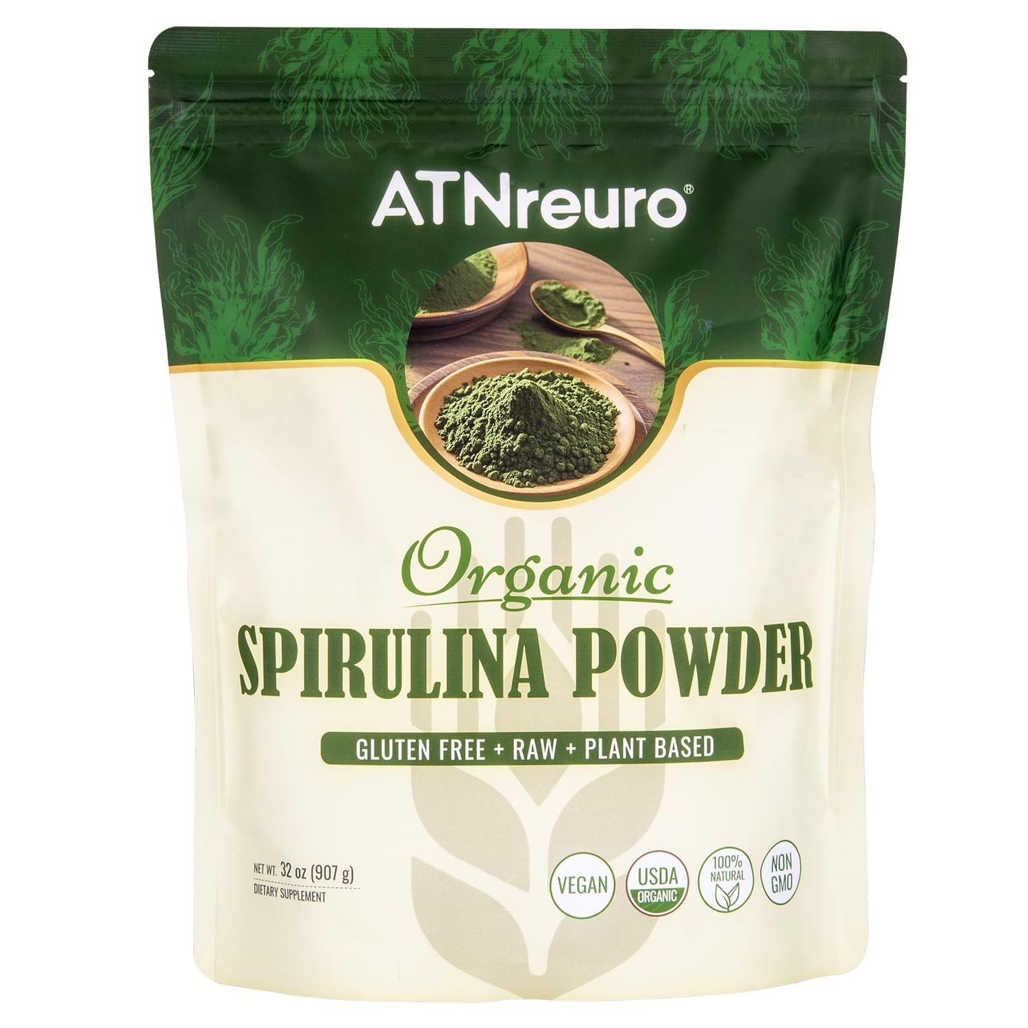 ATNreuro Organic Spirulina Powder, 32oz USDA Certified, 100% Pure &amp; Natural, Non-GMO, Gluten-Free, Detox &amp; Energy Boost, Rich in Protein, Iron, Antioxidants, Superfood for Smoothies, Ideal for Vegan