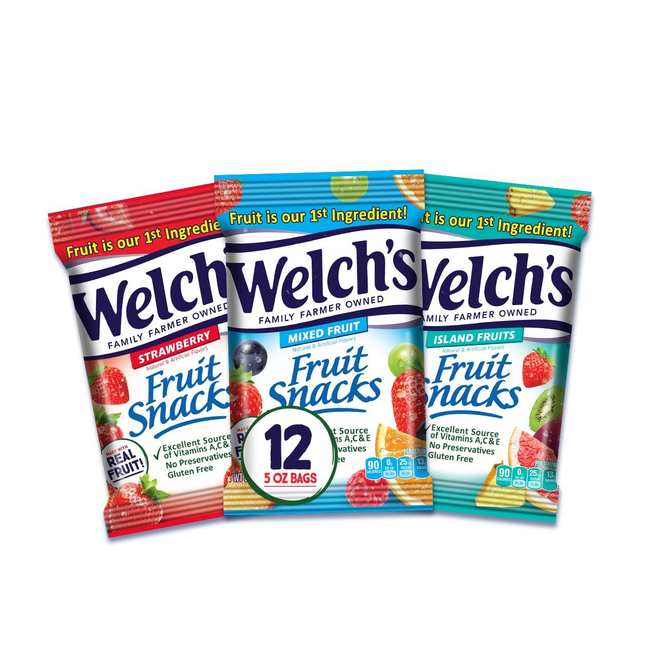 Welchs Fruit Snacks, Variety Pack With Mixed Fruit, Strawberry &amp; Island Fruits, Gluten Free, Bulk Pack, 5oz (Pack of 12)
