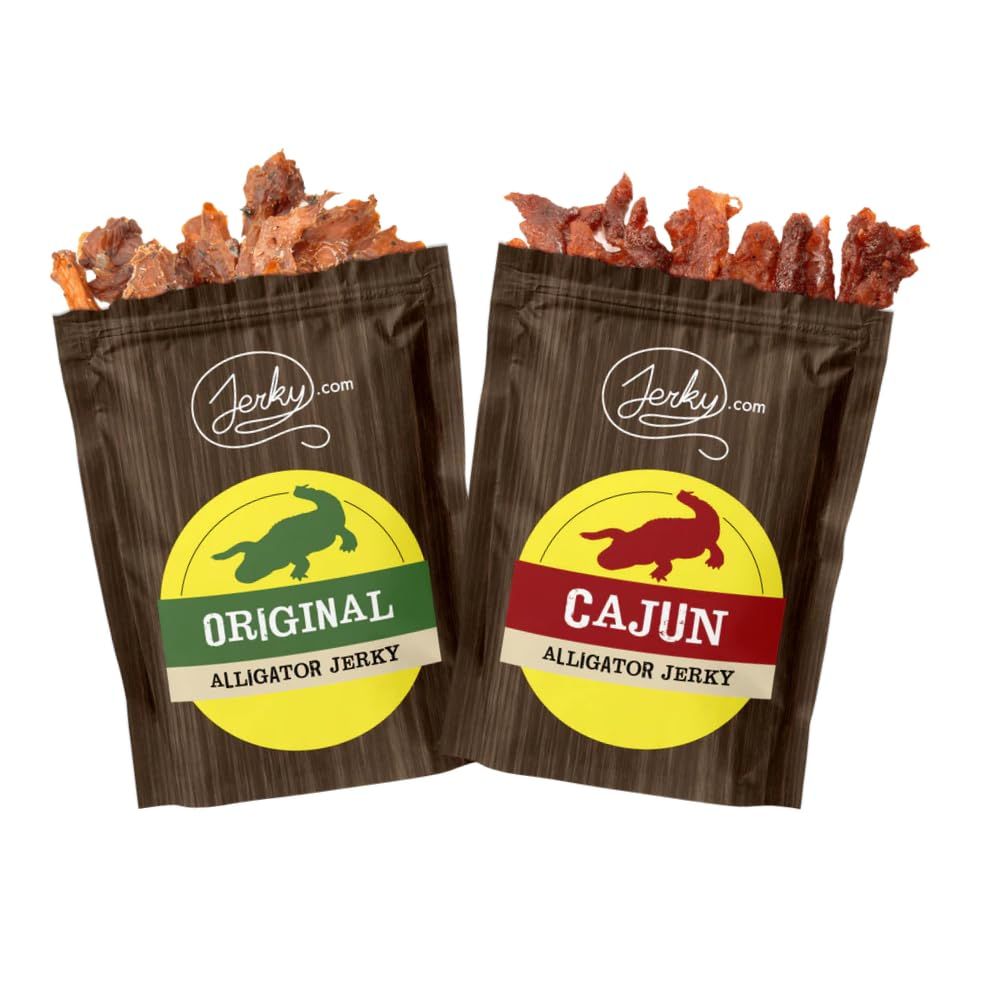 Jerky.com Alligator Exotic Jerky Variety Pack - Original &amp; Cajun Flavors - High Protein, Low Fat Exotic Snacks 1.75oz (Pack of 2)