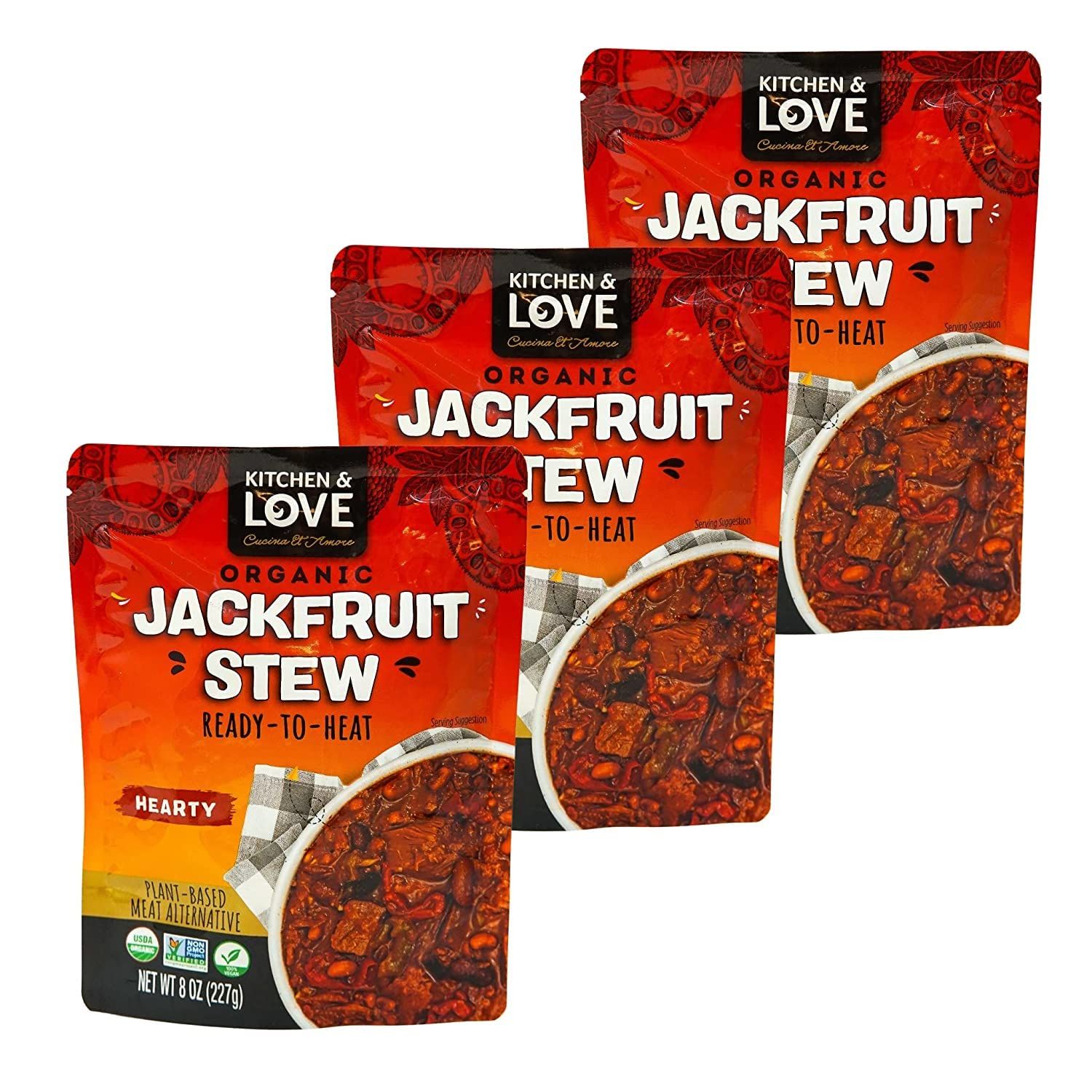 Kitchen and Love, Organic Jackfruit Hearty Stew, Fully Cooked, Plant Based Meat Alternative, Gluten Free, Ready in 90 seconds, High in Fiber, Non GMO Verified, Vegan, Quick Meal 8 Oz (Pack of 3)