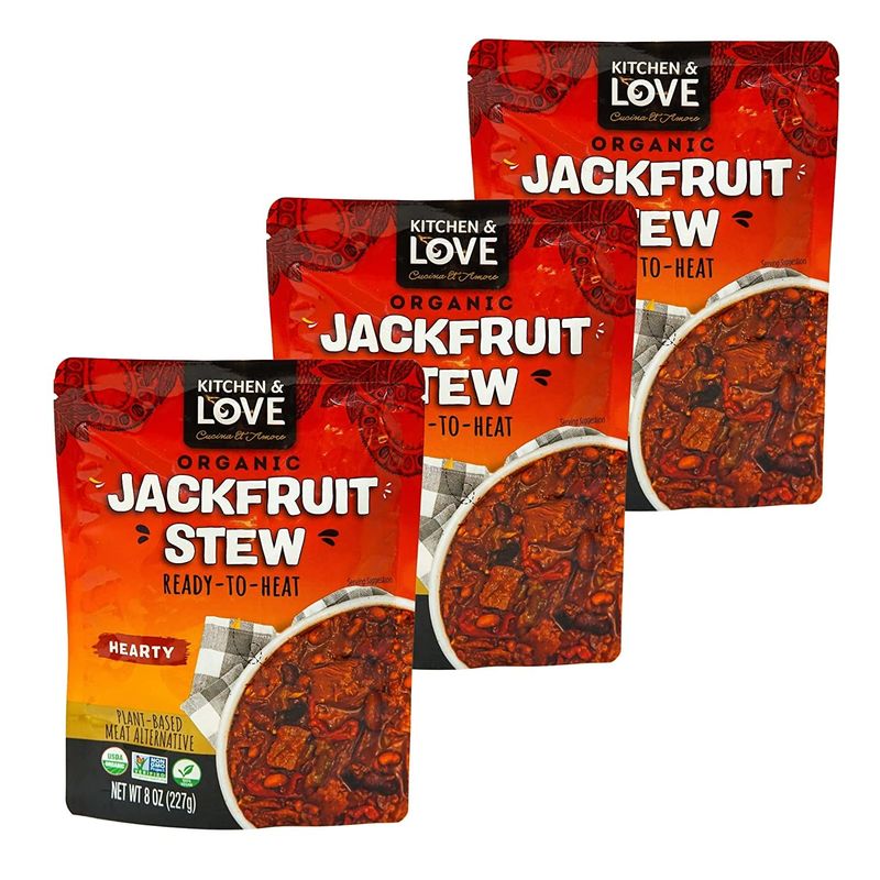 Kitchen and Love, Organic Jackfruit Hearty Stew, Fully Cooked, Plant Based Meat Alternative, Gluten Free, Ready in 90 seconds, High in Fiber, Non GMO Verified, Vegan, Quick Meal 8 Oz (Pack of 3)
