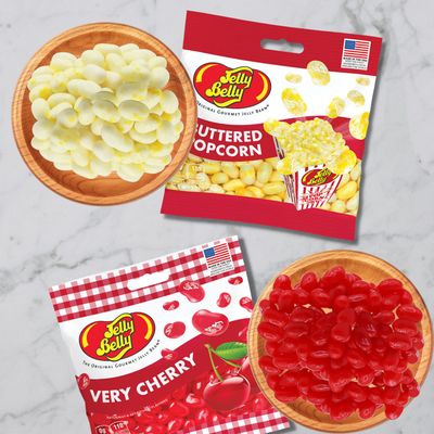 Sweetzo Very Cherry and Buttered Popcorn Jelly Beans, Food Flavored Chewy Candies, Top Flavors Candy Bundles - 3.5 Ounces (Pack of 2)