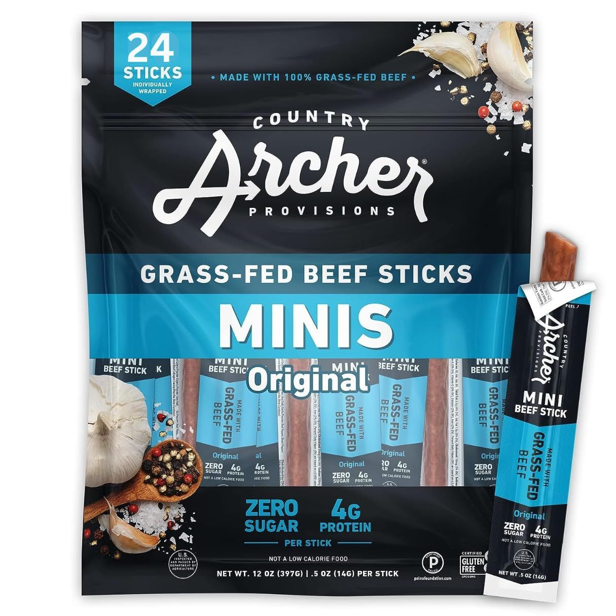 Original Minis Cntry Archer Grass Fed, Original Beef Stick 0.5oz, 24 Sticks - Archr Mini Beef Sticks (Chocolatto Trademank Spoon Included)