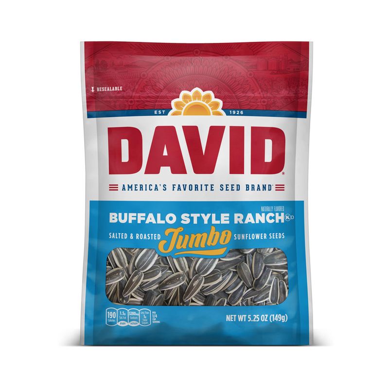 DAVID Roasted and Salted Jumbo Sunflower Seeds, Buffalo Style Ranch Flavor, 5.25oz. (Pack of 12)