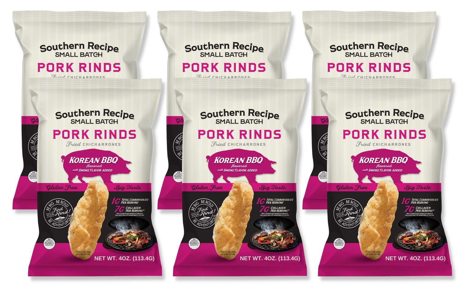 Southern Recipe Small Batch Pork Rinds  Korean Kimchi BBQ Chicharrones  Keto Friendly, Gluten Free, Low Carb Food  7g of Collagen Per Serving  High Protein  4 Oz Bag (Pack of 6)