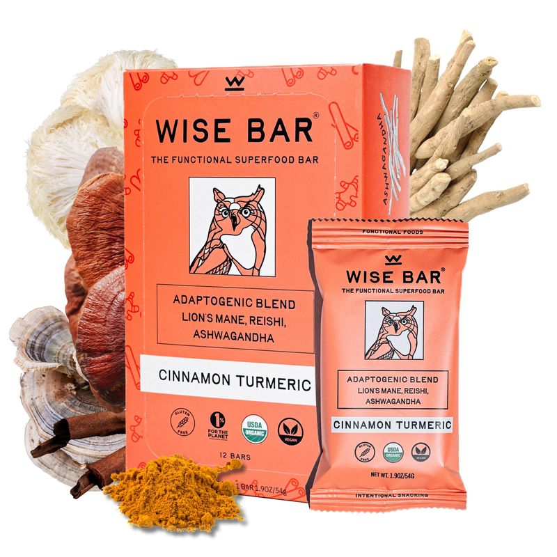 WISE BAR Adaptogen Mushroom Nutrition Bars with Reishi, Lions Mane &amp; Ashwagandha, Organic Vegan &amp; Gluten Free Snacks for Natural Focus, Energy &amp; Immunity Support, Cinnamon Turmeric Flavor, 12 Count