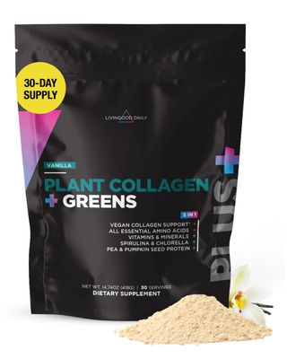 Livingood Daily Plant Collagen Powder (Vanilla) - Collagen Protein Powder with Vitamin C, Spirulina &amp; Amino Acids for Healthy Hair, Skin &amp; Nails - Energy &amp; Muscle Growth Formula - Vegan, 30 Servings
