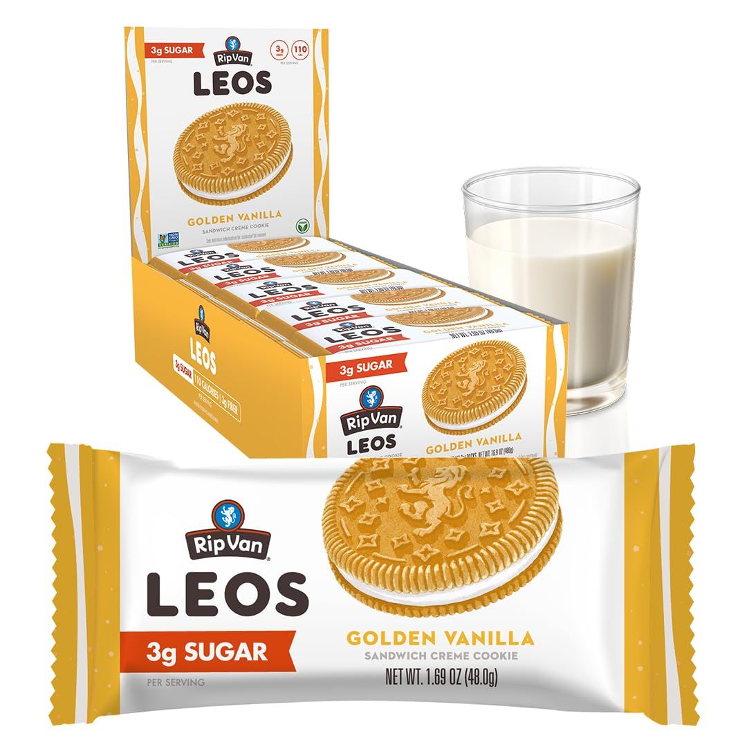 Rip Van LEOs - Golden Vanilla Sandwich Cookies - Low Sugar Snack Cookies - Low Carb Snack - Diabetic Snacks - 40 Low Sugar Cookies (10 Packs of 1.69oz)