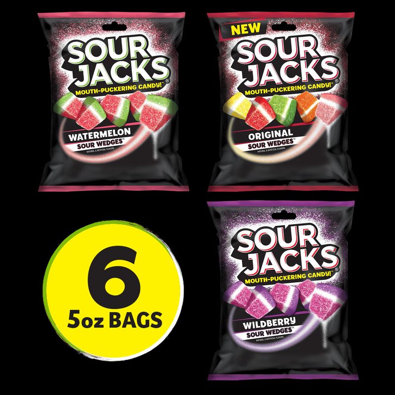 Sour Jacks Candy Gummy Snacks Variety Pack, Original, Watermelon &amp; Wildberry 5 oz Individual Single Serve Bags (Pack of 6)