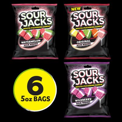 Sour Jacks Candy Gummy Snacks Variety Pack, Original, Watermelon &amp; Wildberry 5 oz Individual Single Serve Bags (Pack of 6)