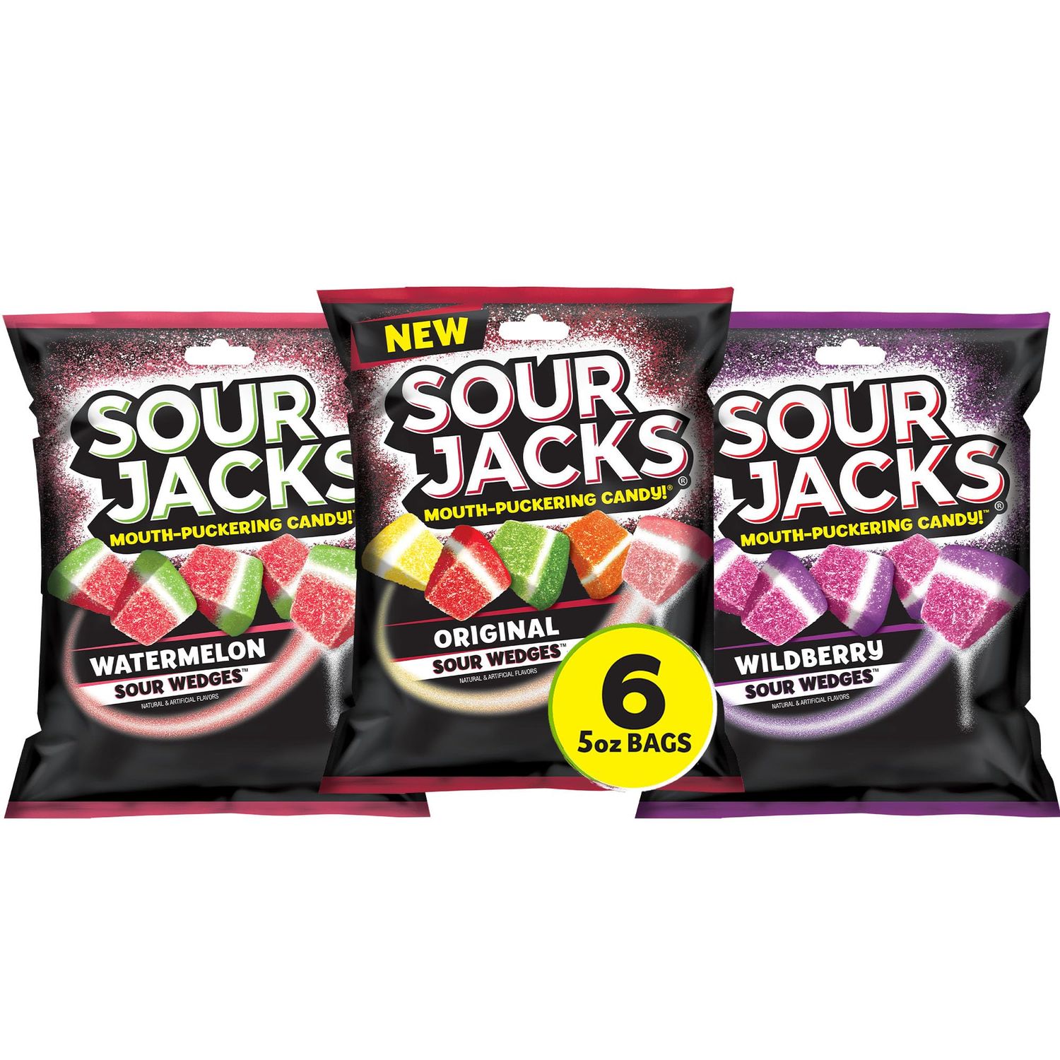 Sour Jacks Candy Gummy Snacks Variety Pack, Original, Watermelon &amp; Wildberry 5 oz Individual Single Serve Bags (Pack of 6)