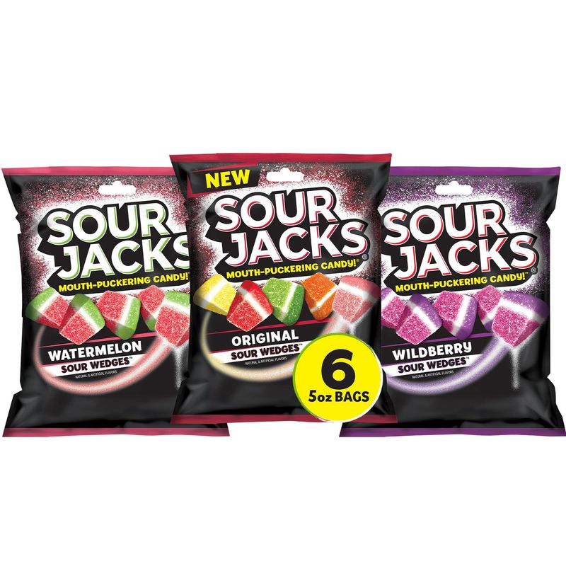 Sour Jacks Candy Gummy Snacks Variety Pack, Original, Watermelon &amp; Wildberry 5 oz Individual Single Serve Bags (Pack of 6)