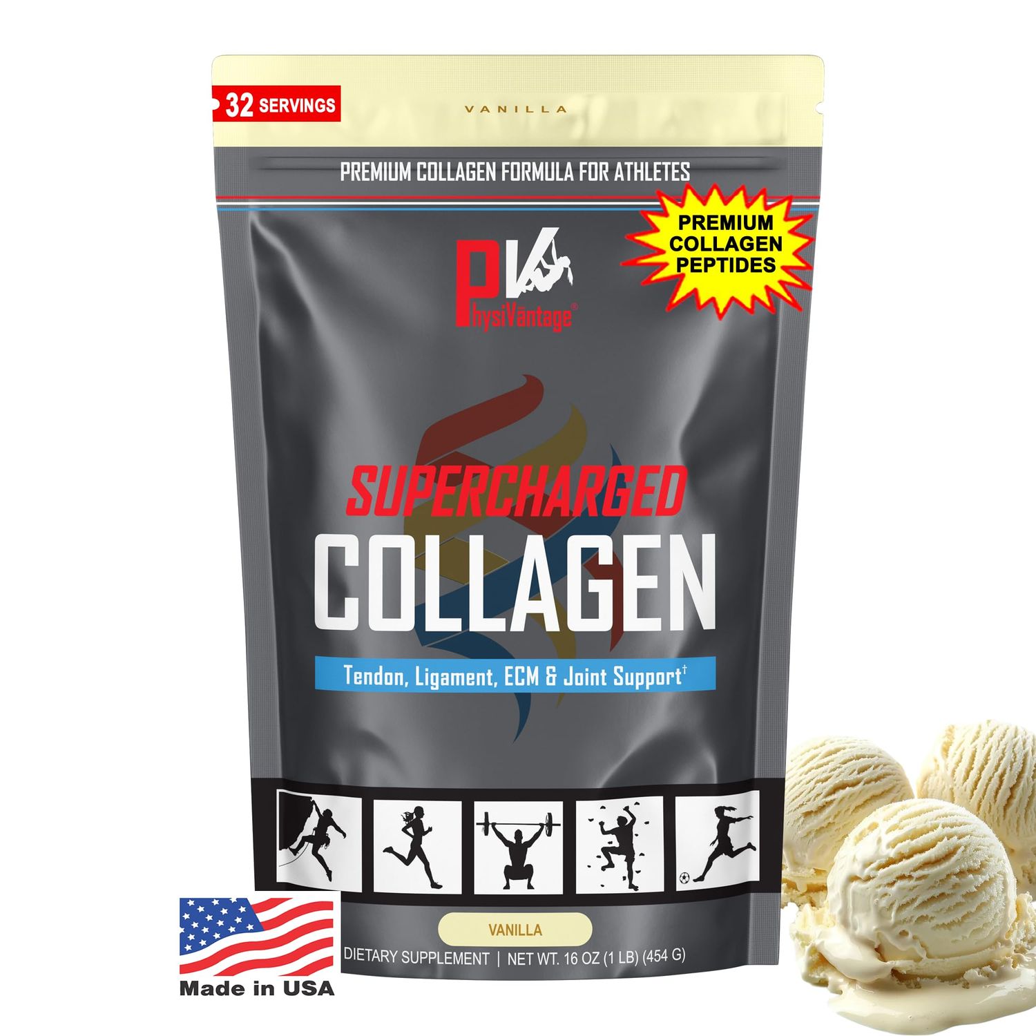 PhysiVantage Supercharged Collagen Peptides Powder - Hydrolyzed Collagen for Joint, Tendon, Ligament, &amp; Skin Health Support - Vanilla, Keto, Paleo, 16oz  Enhanced with Vitamin C, BCAAs, Grass-Fed