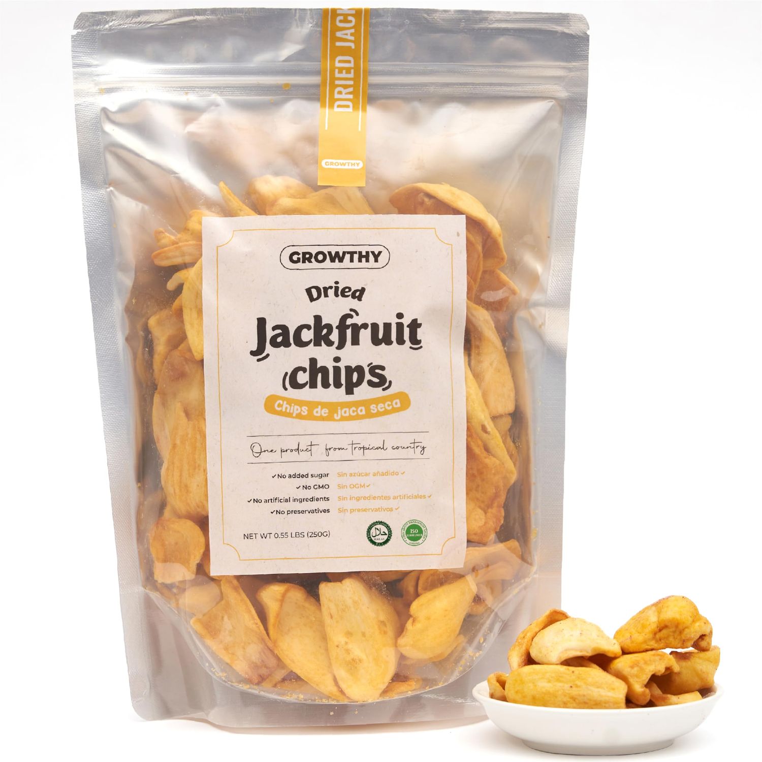 Growthy Dried Jackfruit Chips 250Grams, No Sugar Added, No Preservatives, No Cholesterol, Crunchy Jackfruit Snack, Healthy jackfruit Chips For Kids And Adults, Vegan, None GMO, Vitamin C, E