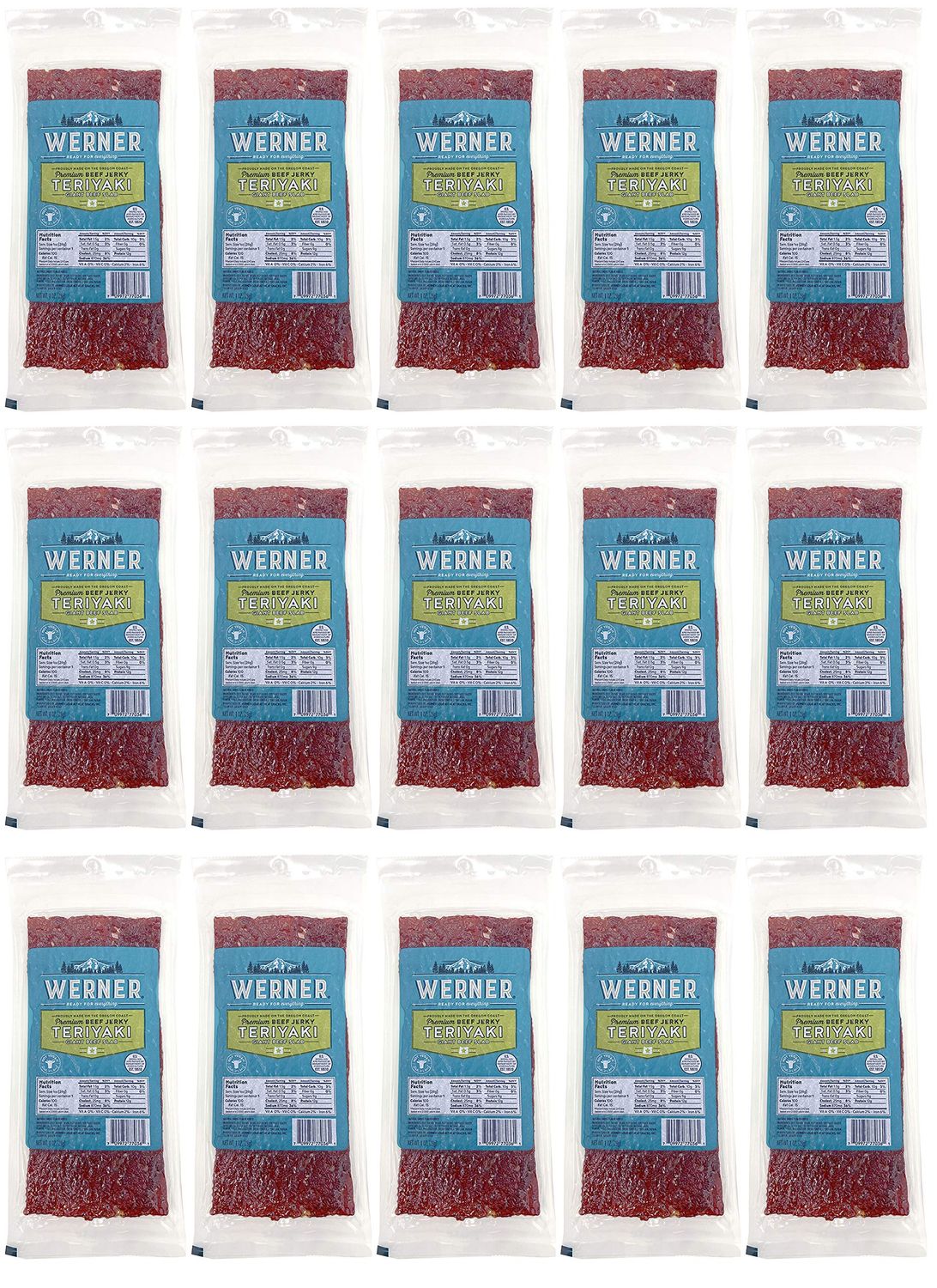 Werner Beef Jerky Slab Pack of 15-1 Ounce, Individually Wrapped Meat Snacks (Teriyaki)