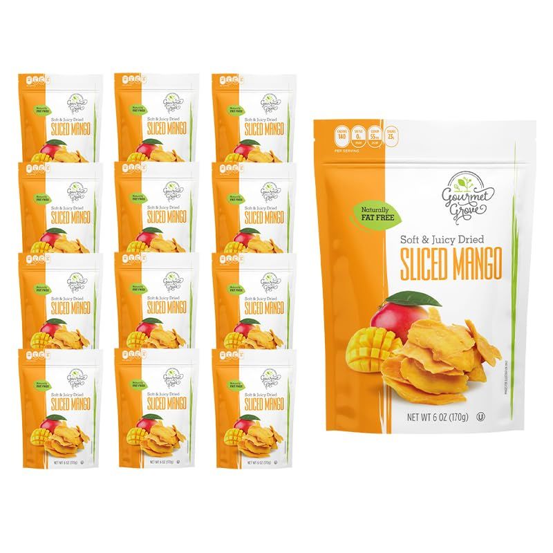 Gourmet Grove - Sliced Mango 6 oz Snack Packs  Soft, Juicy, Natural Dried Mango Slices  Lightly Sweetened (Pack of 12)