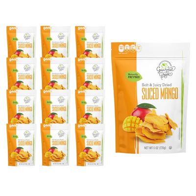 Gourmet Grove - Sliced Mango 6 oz Snack Packs  Soft, Juicy, Natural Dried Mango Slices  Lightly Sweetened (Pack of 12)
