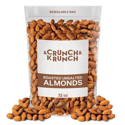 Roasted Almonds Unsalted - Fresh and Delicious Guilt Free Healthy Keto Snack Whole Unsalted Nuts Steam Pasteurized Packed in Resealable Bag, Low Calories, Vegan, Gluten-Free, 2lb