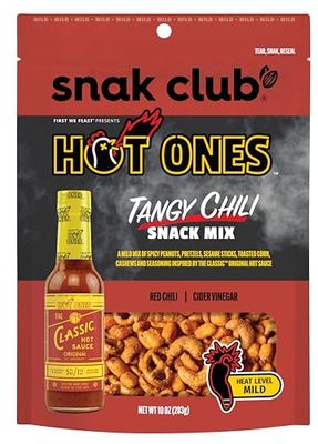 Snak Club x Hot Ones Tangy Chili Snack Mix, Mild Spicy Snacks with Peanuts, Pretzels, Sesame Sticks, Toasted Corn &amp; Cashews, Inspired by Hot Ones Hot Sauce, 10 oz Bag