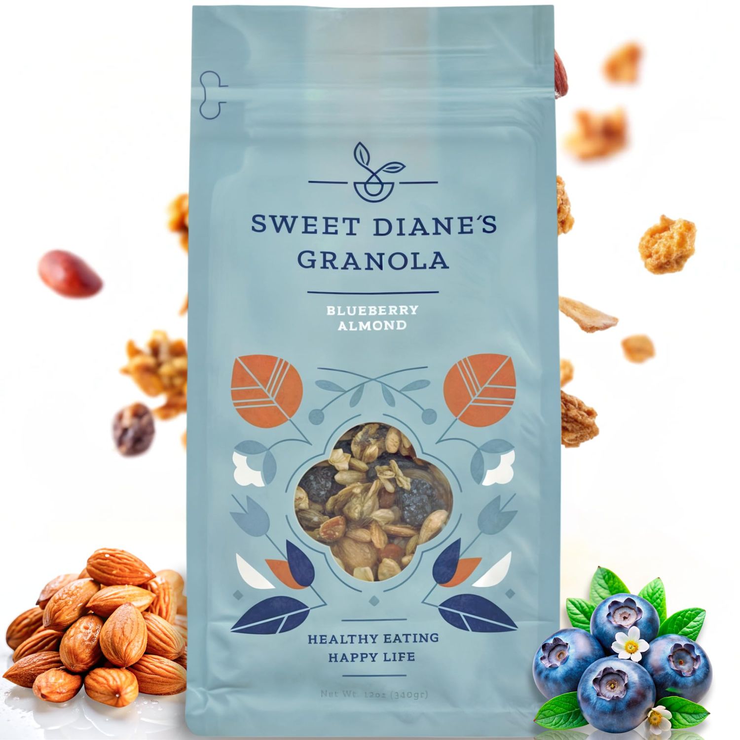 Sweet Dianes Granola - Standard Size (12 oz): Organic, Low-Sugar, High-Fiber, Gluten-Free, Vegan, Delicious Breakfast and Snack Topper (Classic Size, Blueberry Almond)