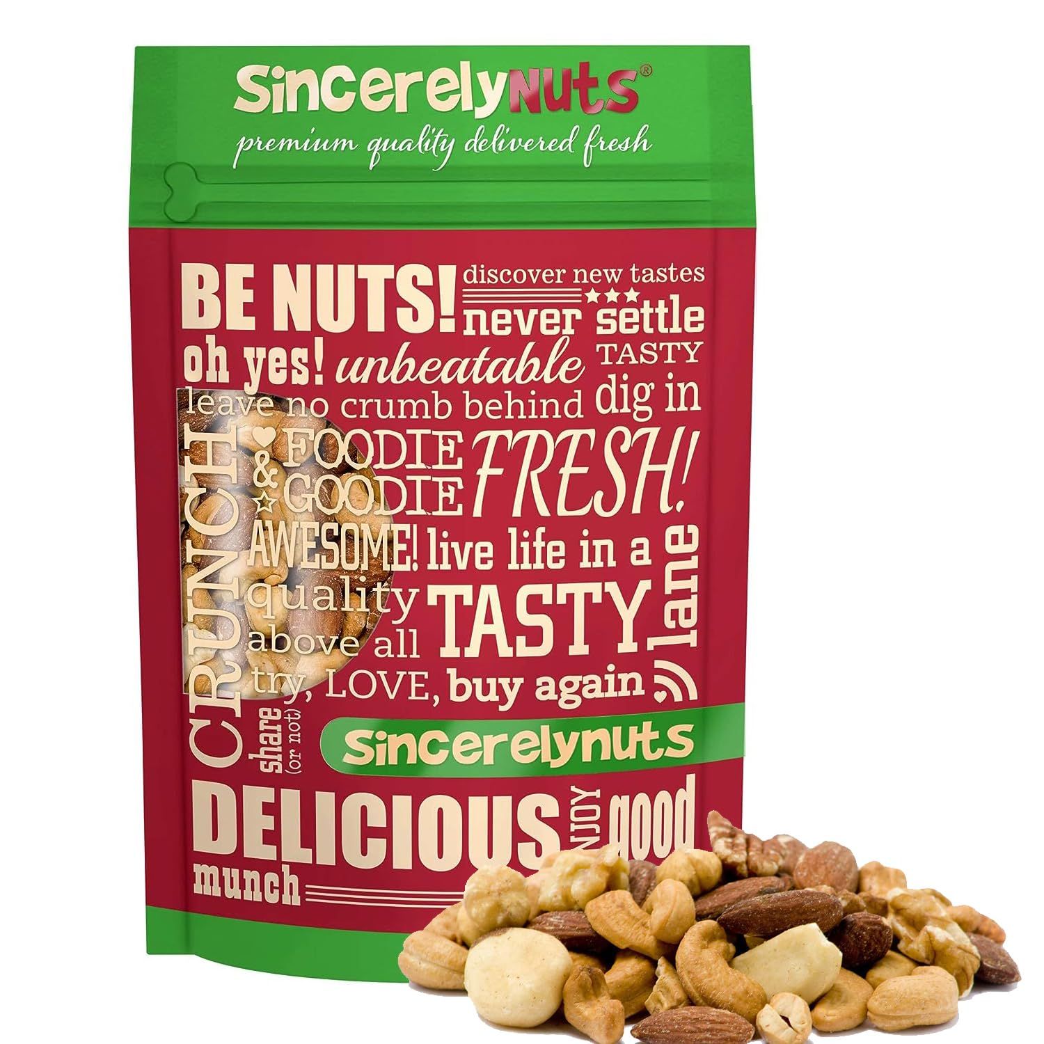 Sincerely Nuts Roasted &amp; Salted Mixed Nuts  Almonds, Cashews, Pecans, Brazil Nuts and Hazelnuts  Healthy Snack - Nutrient Rich Alternative Treat  Vegan, Kosher &amp; Gluten-Free  1 lb bag