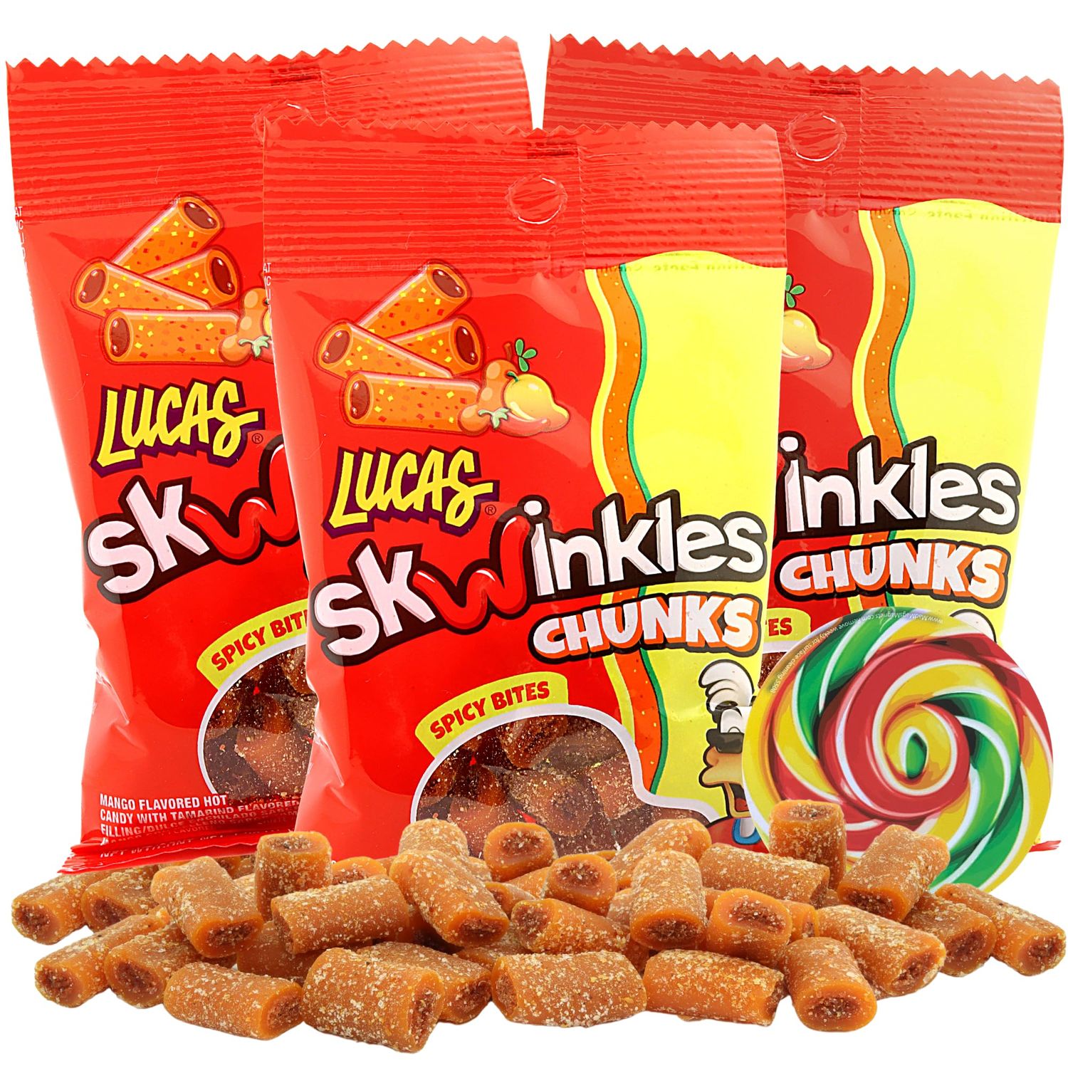 Needzo Spicy Mango Candy with Tamarind Filling, Authentic Mexican Bite Size Gummy Candies, Fiesta Party Snacks, 1.59 Ounces (Pack of 3) Lollipop Swirl Sticker Included