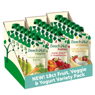 Beech-Nut Baby &amp; Toddler Food Favorite Flavors Pouches Variety Pack, Fruit Veggie and Whole Milk Yogurt Purees, Baby Pouch Puree Starter Pack, 3.5oz (18 Pack)