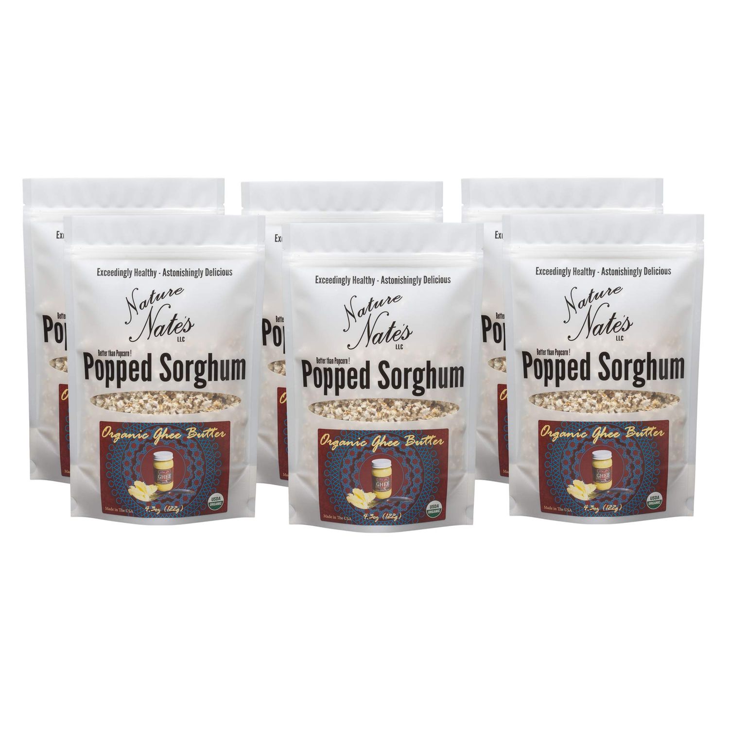 Nature Nates Popped Sorghum, Organic Ghee Butter - Organic, Keto &amp; Gluten Free, Healthy Snacks, Better Than Popcorn, Made in USA - 4.3 Ounce (Pack of 6)