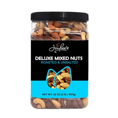 Jaybees Unsalted Mixed Nuts  32 oz  Gourmet Roasted Deluxe Nut Mix with Cashews, Almonds, Pecans, Hazelnuts, Brazil Nuts (No Peanuts)  Keto, Vegan Friendly, Kosher, Healthy Snacks