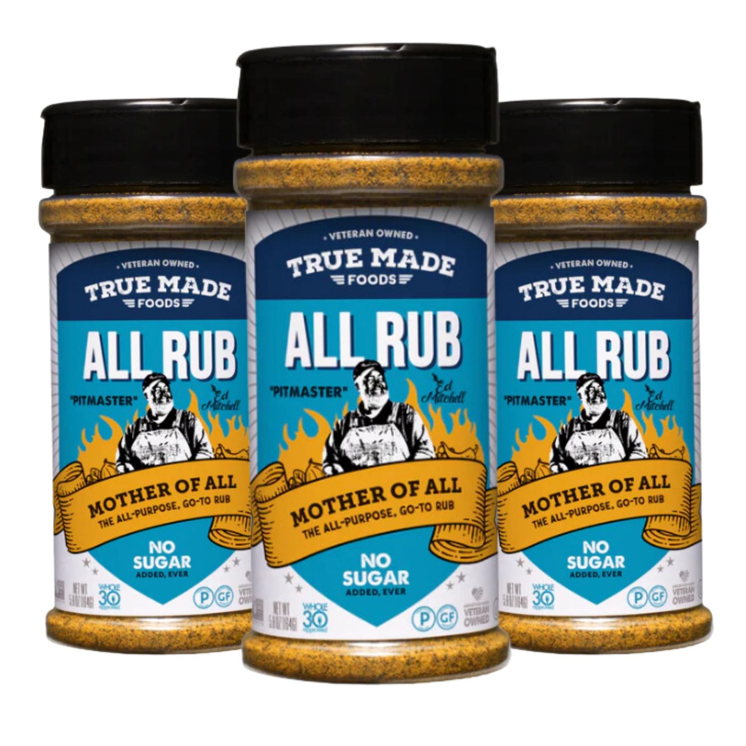 True Made Foods Ed Mitchell&#39;s Award-Winning Pitmaster BBQ All-Purpose Rub - 5.8 oz, 3 Pack - Perfect for Chicken, Fish, Veggies, Snacks - Ideal for Grilling, Smoking, and BBQ