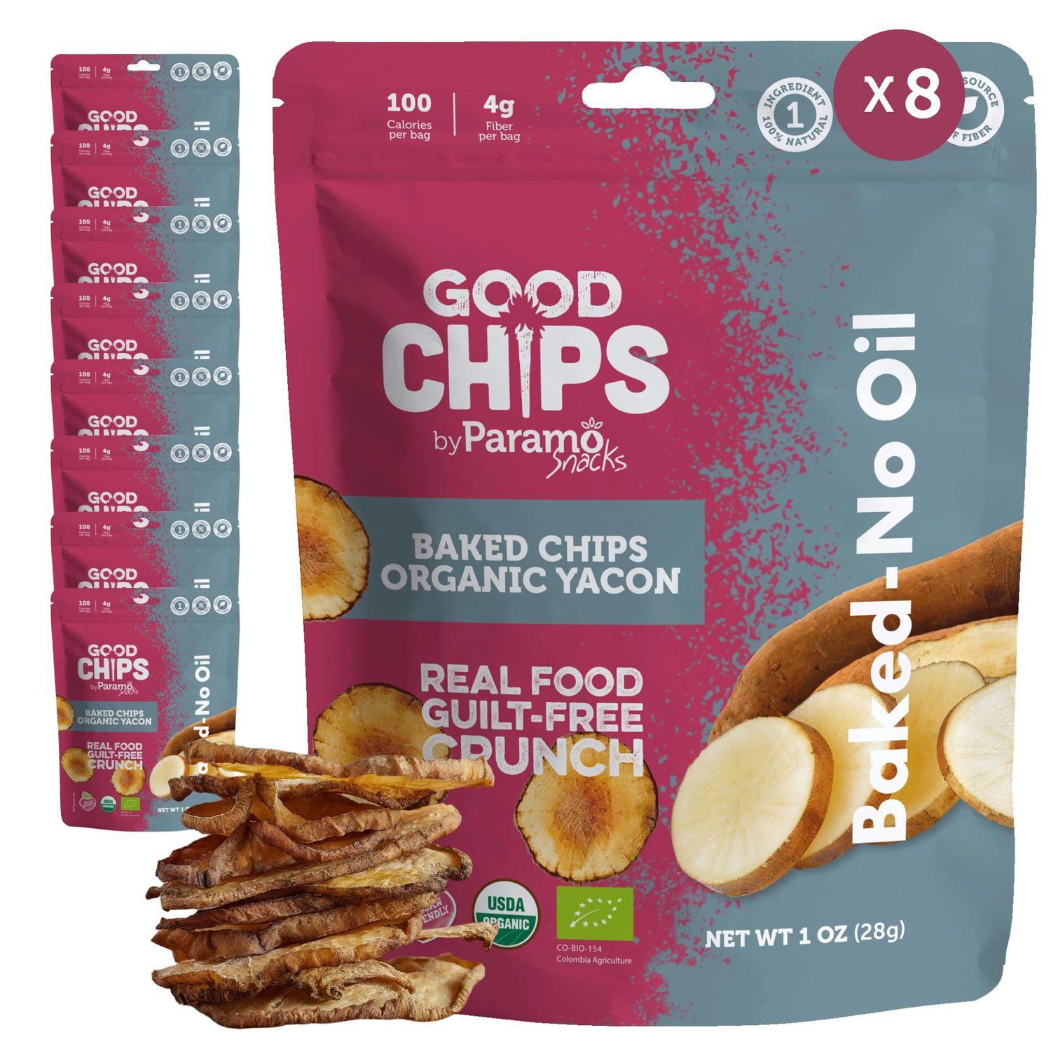 Baked Organic Yacon Chips by GOOD CHIPS! 100% Natural, Oil Free, Only One Ingredient: Yacon Root, USDA Organic, Earthy Sweet Superfood, Good Source of Fiber, 1 oz Bags, Pack of 8