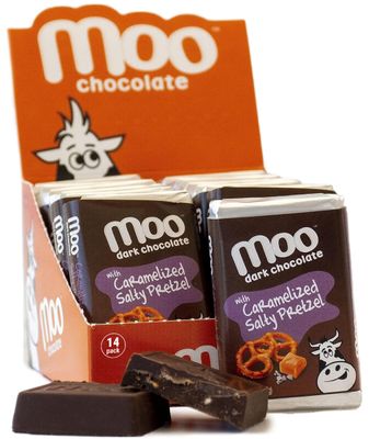 Moo Chocolates All Natural Dark Chocolate Mini Bars with Caramelized Salty Pretzel 0.7 oz, 14 ct (Pack of 1)  100 Calorie Snacks for On-the-Go, Lunchboxes, Office
