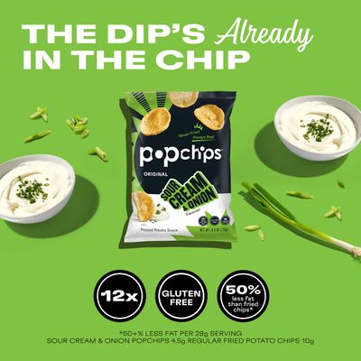 Popchips Potato Chips, Sour Cream &amp; Onion, 12ct Single Serve 0.8oz Bags, Low-Calorie and Gluten Free, Salty Snacks for Adults and Children, Kosher Snack, 100 Calories Per Bag