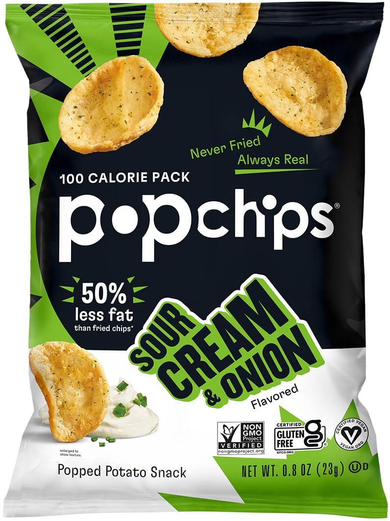 Popchips Potato Chips, Sour Cream &amp; Onion, 12ct Single Serve 0.8oz Bags, Low-Calorie and Gluten Free, Salty Snacks for Adults and Children, Kosher Snack, 100 Calories Per Bag