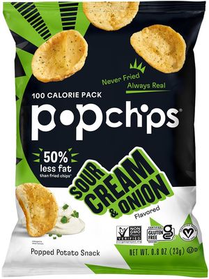 Popchips Potato Chips, Sour Cream &amp; Onion, 12ct Single Serve 0.8oz Bags, Low-Calorie and Gluten Free, Salty Snacks for Adults and Children, Kosher Snack, 100 Calories Per Bag