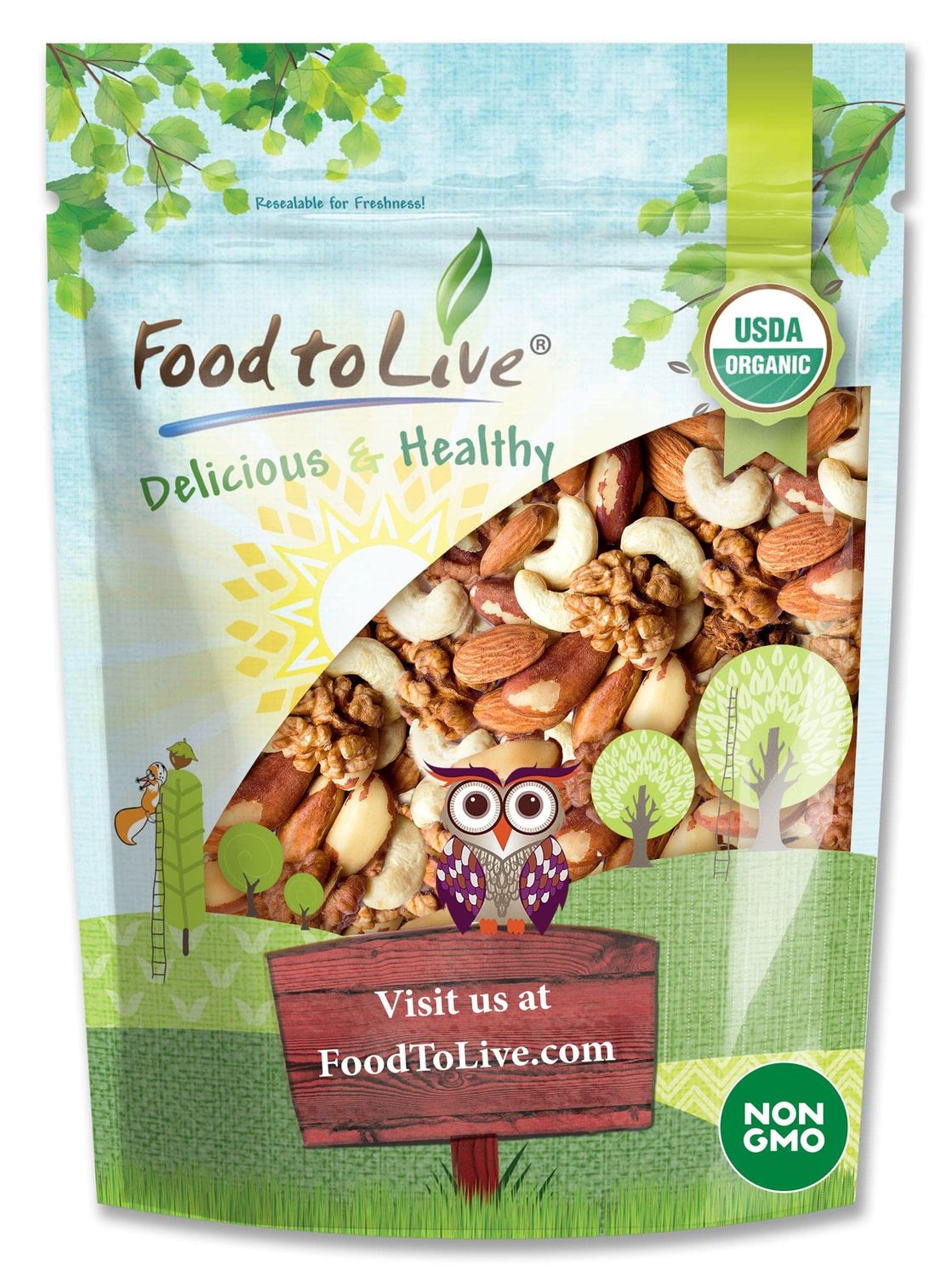 Food to Live Organic Mixed Raw Nuts, 2 Pounds - Cashews, Brazil Nuts, Walnuts, Almonds, Non-GMO, Kosher, Vegan, Unsalted, Bulk