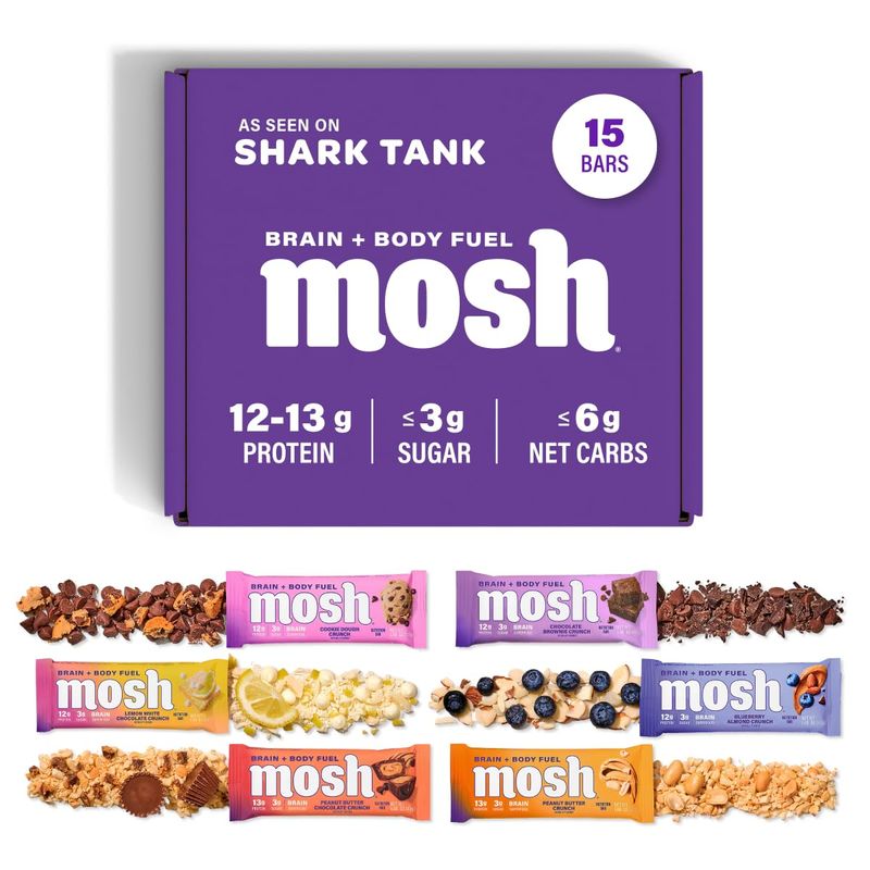 MOSH Variety Pack Keto Protein Bars, High Fiber, Low Carb, Gluten Free, High Protein, Brain Healthy Snack with Ashwagandha, Lion&#39;s Mane, 15 Count