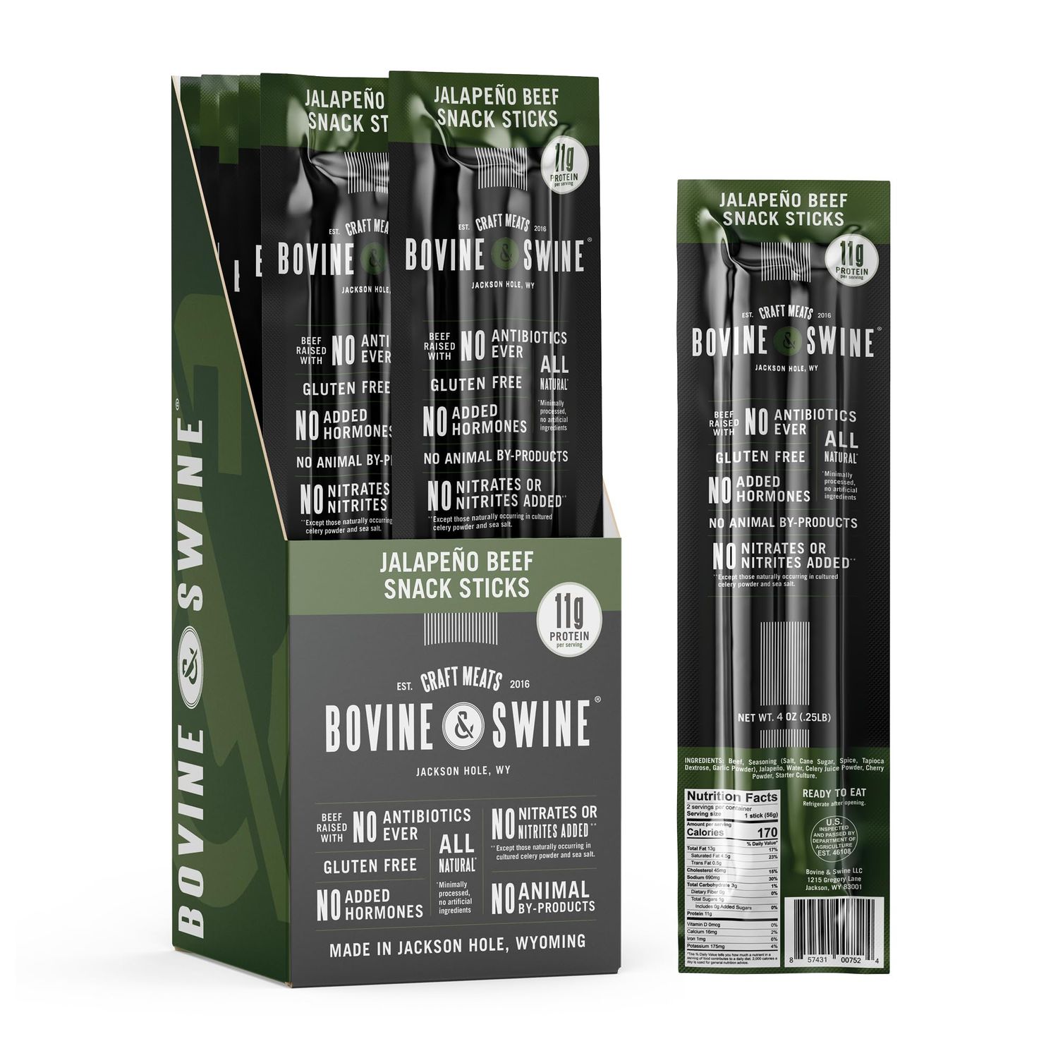 Bovine &amp; Swine Beef Snack Sticks - All Natural Gourmet Craft Meat from Jackson Hole, Wyoming - 10 Pack of 2 Jerky Sticks (Jalapeo Beef, 10 Pack (20 sticks))