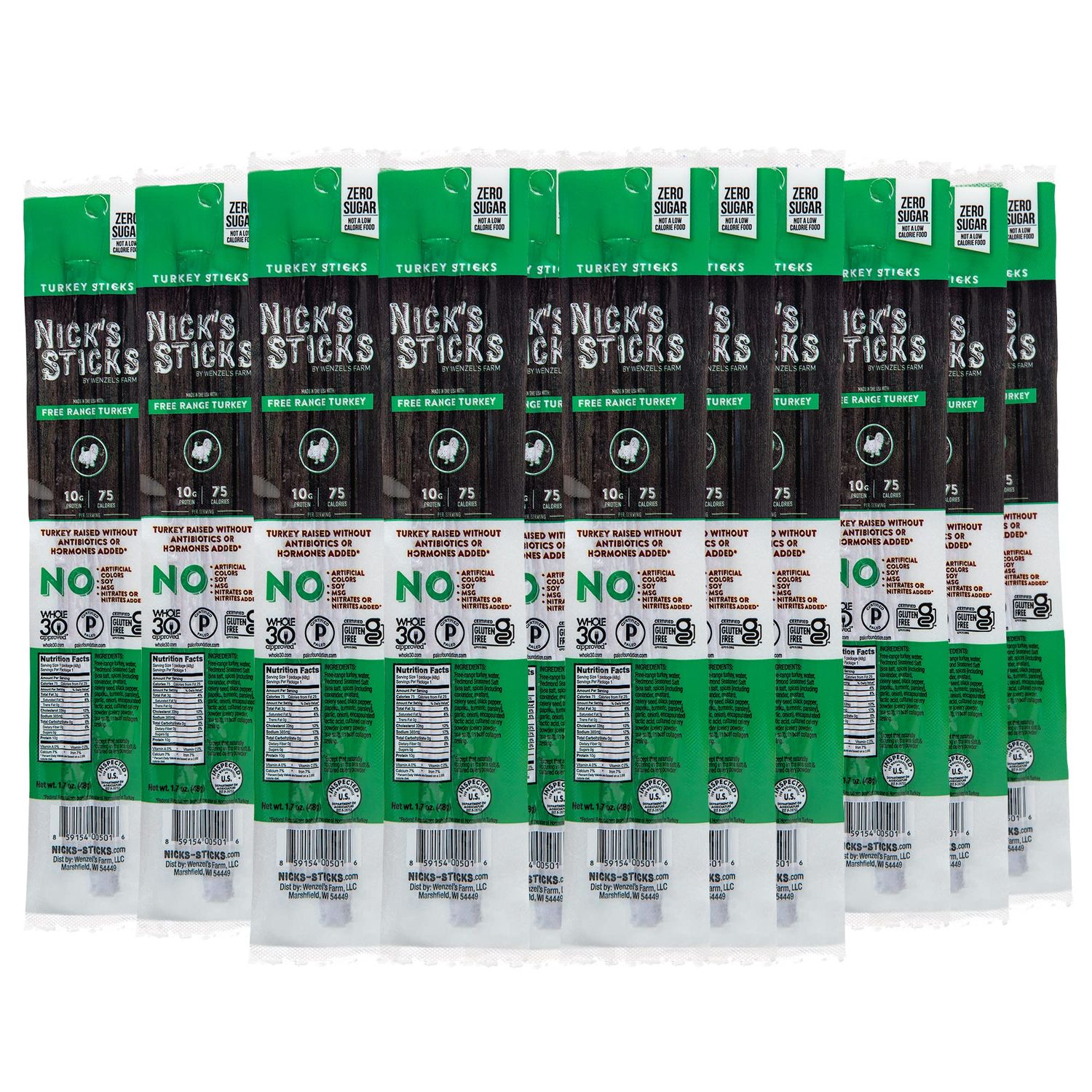Nick&#39;s Sticks Clean &amp; Balanced Free Range Turkey Snack Sticks  Made in the USA  Gluten Free  Paleo, Keto, Whole30 Approved  No Soy, Antibiotics or Hormones (25- 1.7oz. Packs of 2 Sticks)