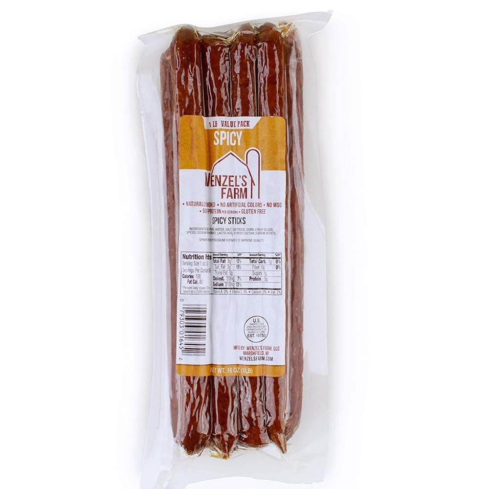 Wenzels Farm Spicy Snack Sticks Supports Active Lifestyles  Flavorful, Naturally Smoked  High Protein, Low Carb  No MSG, Fillers, Binders, Artificial Colors  Gluten Free  1 LB Value Pack