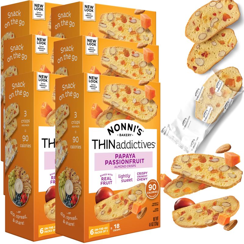 Nonni's THINaddictives Almond Thin Cookies - 6 Boxes Papaya &amp; Passionfruit Almond Cookie Thins - Biscotti Italian Cookies - Biscotti Individually Wrapped Cookies - Kosher Coffee Cookies - 4.4 oz