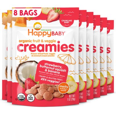 Happy Baby Organic Creamies Freeze-Dried Fruit, Veggie, &amp; Coconut Cream Snacks, with Strawberry, Butternut Squash, and Banana, Made for Crawling Baby, 1 Ounce (Pack of 8)