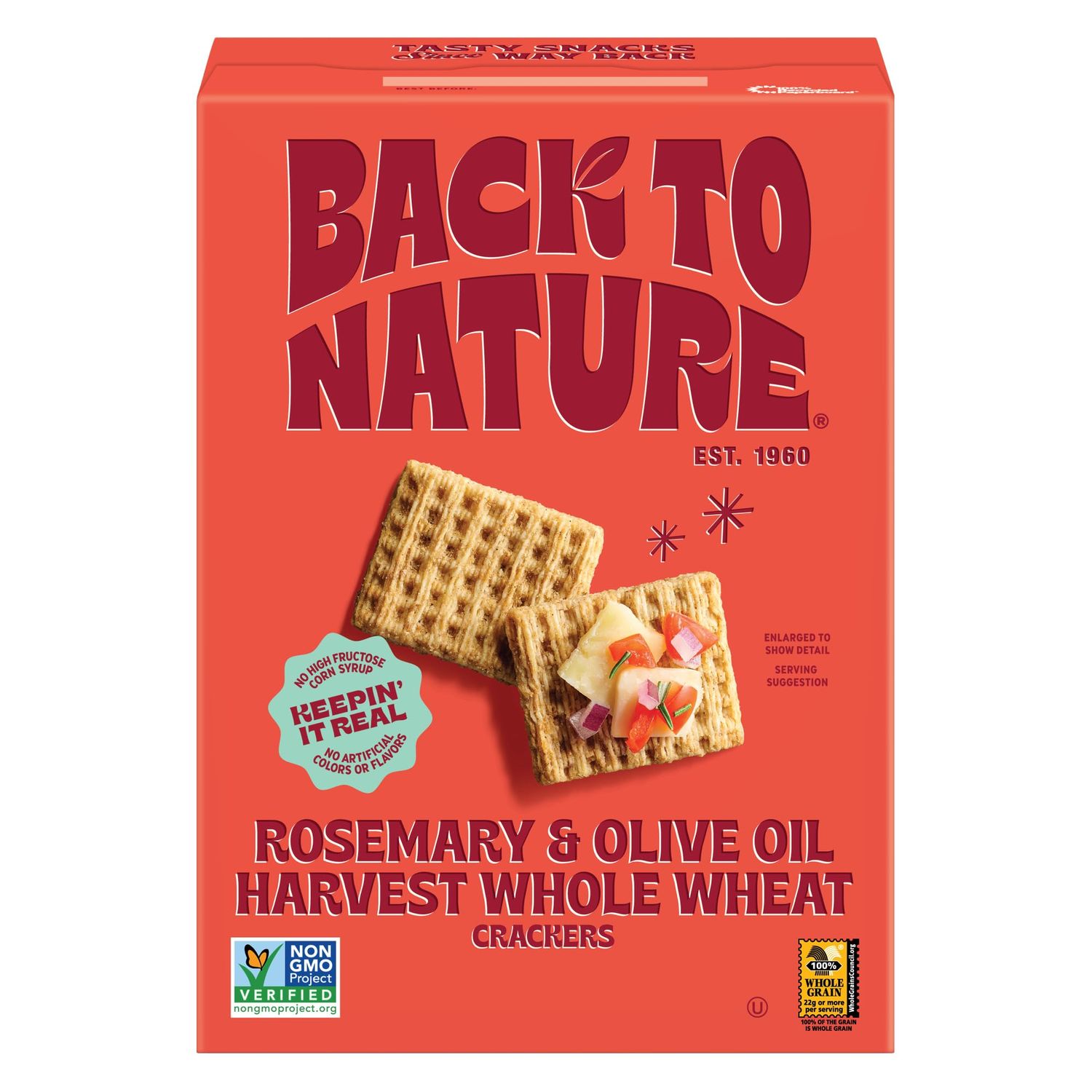 Back to Nature - Rosemary &amp; Olive Oil Harvest Whole Wheat Crackers - Non-GMO, Made with Whole Grain Wheat &amp; Sea Salt, Seriously Tasty Snacks - 7 Ounce