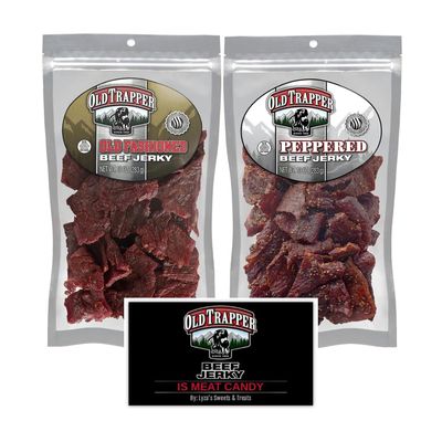 Old Trapper Beef Jerky Gift Set, Old Fashioned &amp; Peppered, Traditional Style Real Wood Smoked - Variety Pack of 2, 10 oz. bags with Bonus Old Trapper Magnet by Lyza&#39;s Sweets &amp; Treats