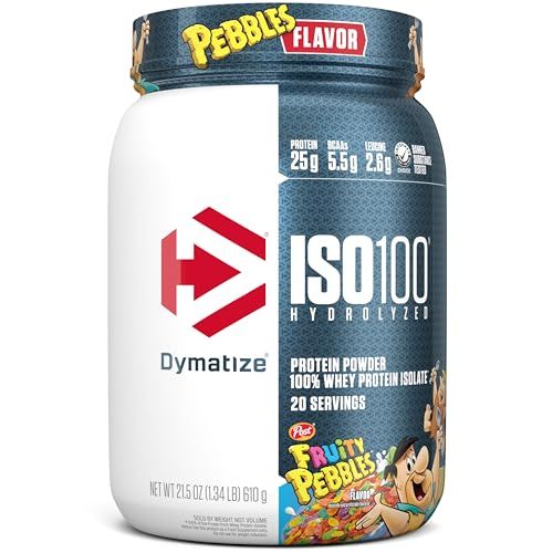 Dymatize x Fruity Pebbles ISO100 Whey Protein Powder Isolate, 25g of Protein, 20 Servings, 5.5g BCAAs, 120 Cal., Gluten Free, 1g Fat, 1g Sugar, 2g Carb
