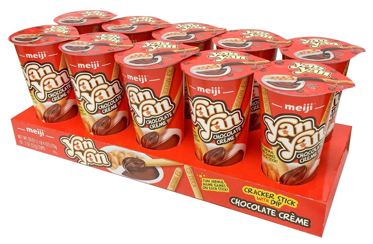 Meiji Yan Yan Dipping Sticks, Chocolate Crme - 2 oz, Pack of 10 - Cracker Sticks with Fun Animals Phrases