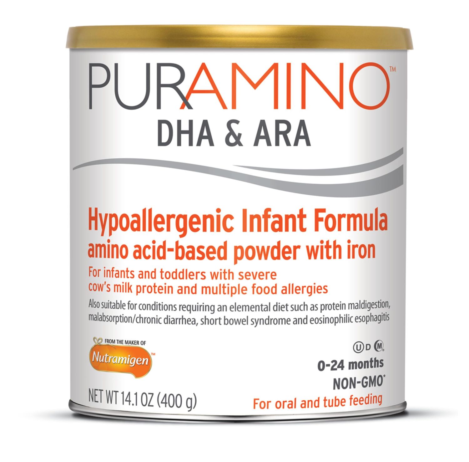 PurAmino Hypoallergenic Infant Drink, for Severe Food Allergies, Omega-3 DHA, Iron, Immune Support, Powder Can, 14.1 Oz