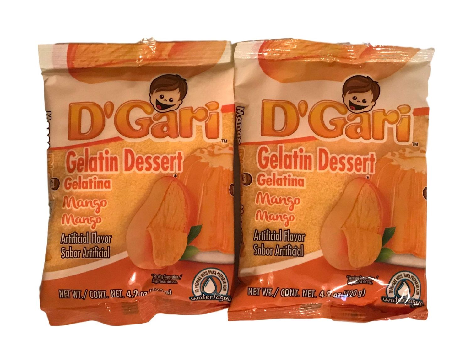 D Gari Pack of 2 Mango Gelatin 4.2oz, Prepare with Water, Quick Snacks, Mango Dessert, Gelatin, Mix, Mexico, Powder