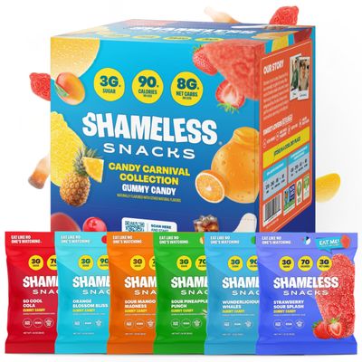 Shameless Snacks Candy Carnival - Healthy Low Sugar Snacks with Pineapple, Mango, Orange, Strawberry &amp; Cola Gummies - Vegan, Gluten-Free, Low-Calorie Candy Variety Pack
