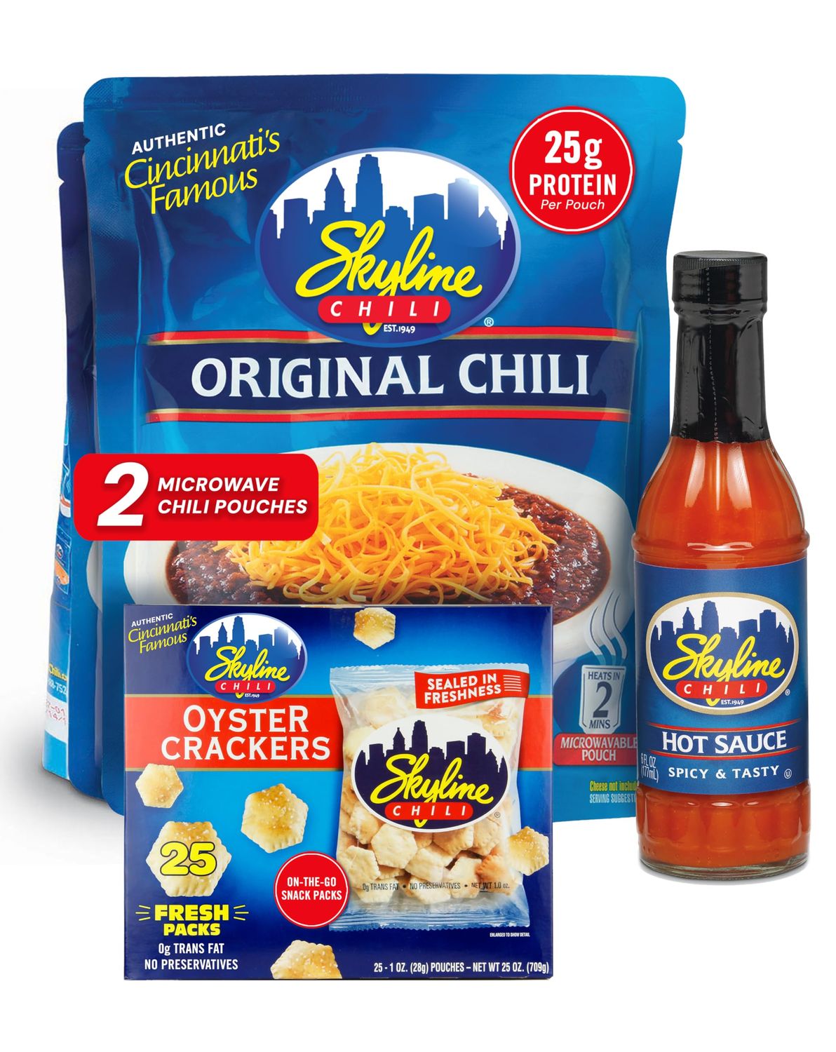 Skyline Chili Bundle Pack - 2 Original Chili Recipe Packets, 1 Skyline Hot Sauce Bottle, 25 Oyster Cracker Bags - Authentic Cincinnati Chili Flavor for Easy, Hearty Meals &amp; Snacks
